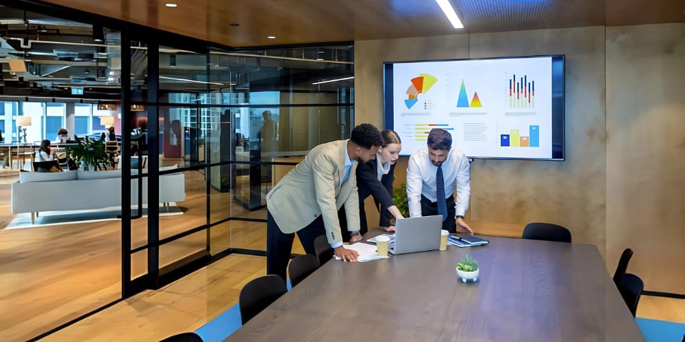 Three business professionals stand around a conference table, looking at a laptop. Behind them, a large screen displays colorful charts and graphs in a modern office setting with glass walls and open space.