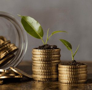 Two stacks of gold coins, each with a small green plant growing from the top, symbolize financial growth. A glass jar filled with more gold coins is tipped over in the background on a wooden surface, reflecting the sound financial strategies provided by our Melbourne Accounting Firm.