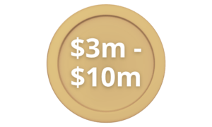 A gold coin illustration with the text "$3m - $10m" in bold white letters over the center.