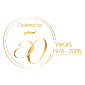 Gold and white emblem with the text “Celebrating 50 Years 1976-2026.” The number 50 is styled in elegant script, and the design features a circular outline for a 50th anniversary celebration.