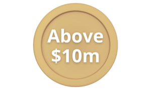 A gold-colored coin with the words "Above $10m" written in white text at the center.