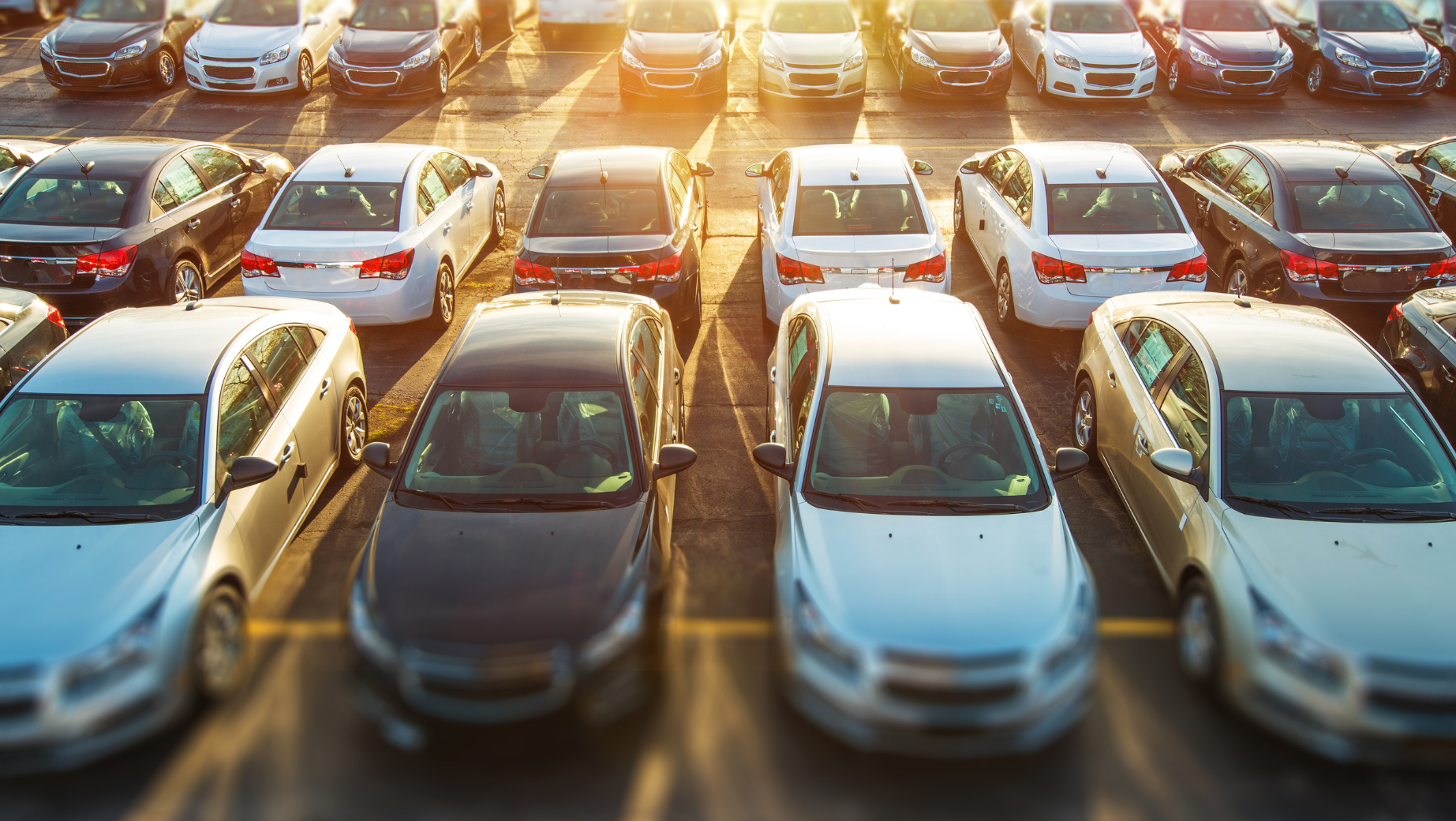 Aerial view of a parking lot filled with rows of parked cars in various colors, illuminated by warm sunlight. The cars are neatly arranged, echoing the precision and orderliness you'd expect from a top Melbourne Accounting Firm handling your finances. The image captures both symmetry and efficiency perfectly.