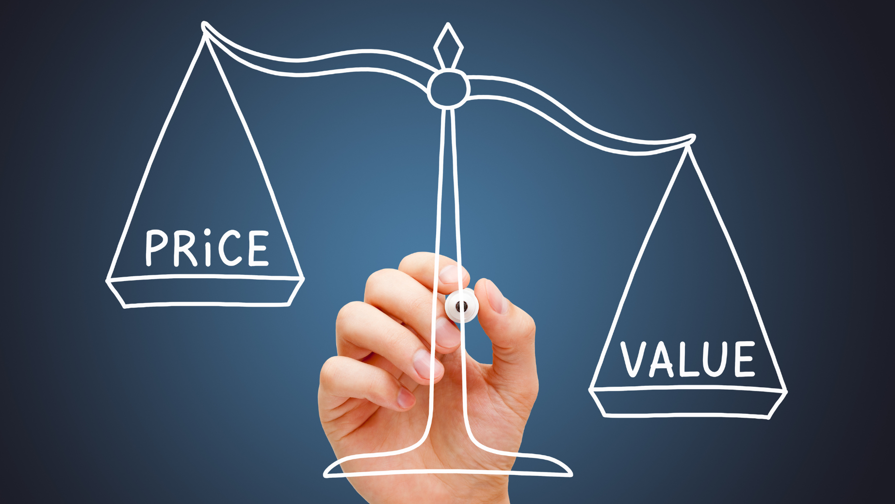 A hand is drawing a balance scale on a blue background. One side of the scale has the word "PRICE," while the other side has the word "VALUE." The image, often used by Melbourne Accounting Firm professionals, highlights the concept of balancing cost versus benefit.