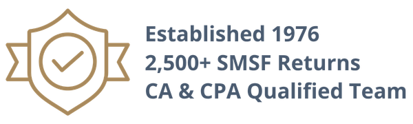 Gold badge with a check mark beside text: "Established 1976, 2,500+ SMSF Returns, CA & CPA Qualified Team. For expert assistance, contact Rogerson Kenny.