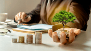 A person in a suit is using a calculator and writing in a notebook at a desk, embodying the meticulous work of business advisors. In the foreground, stacked coins increase in height from left to right, and the person's other hand holds a small tree growing from a pile of coins, symbolizing prosperous tax advice.