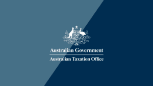 The image features the official logo of the Australian Taxation Office with the Australian Government coat of arms. The background is divided into two shades of blue. The text reads "Australian Government" above a line and "Australian Taxation Office" below it, ideal for SMSF Accountants seeking compliance visuals.