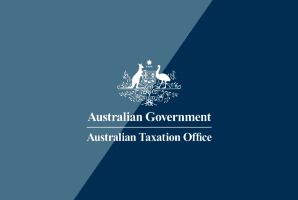The image features the official logo of the Australian Taxation Office with the Australian Government coat of arms. The background is divided into two shades of blue. The text reads "Australian Government" above a line and "Australian Taxation Office" below it, ideal for SMSF Accountants seeking compliance visuals.