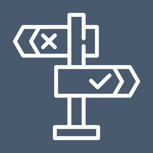 A white icon of a signpost with two arrow signs—one left with an "X," one right with a check mark—on a dark blue background. Align your SMSF with your business strategy and maximise bot efficiency for smarter decisions.
