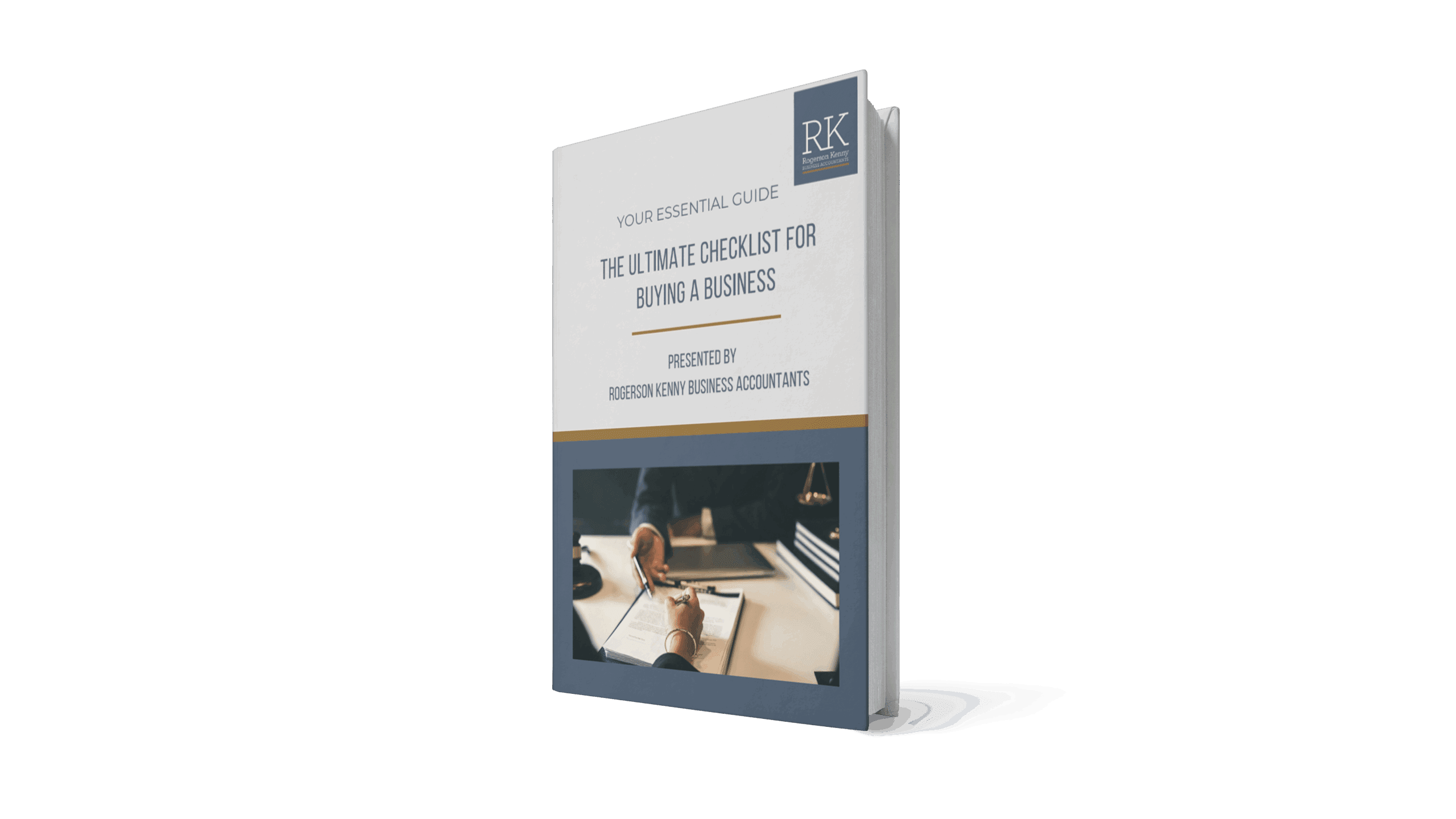 A 3D-rendered book titled "The Ultimate Checklist for Buying a Business" by Reid & Knotz Business Accountants, featuring a cover photo of hands writing on paperwork beside a laptop and coffee cup.