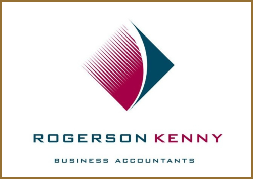 Logo for Rogerson Kenny Business Accountants, featuring a geometric diamond shape with pink and blue segments, and the company name below in blue and pink text on a white background.