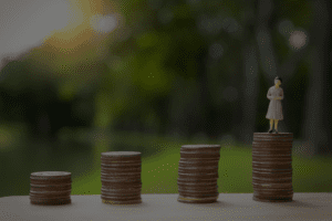 A small figurine of a person in a pink dress stands atop one of four progressively taller stacks of coins, symbolizing financial growth. Blurred greenery is seen in the background, representing the insightful guidance of business advisors.