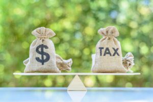 Two burlap sacks are balanced on a wooden seesaw. One sack has a dollar sign ($) and the other has the word "TAX" on it. The background is a blurred natural green setting, symbolizing financial balance and taxation.