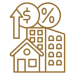 A brown outline icon of a house and a multi-story building with a rising arrow, a dollar sign, and a percent symbol, representing increasing property prices or mortgage interest rates.