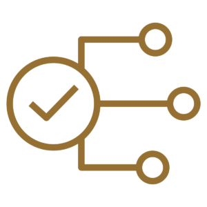 A brown checkmark inside a circle with three lines extending out, each ending in a smaller circle—evoking connection or approval in a flowchart, perfect for representing Retail Business Accountants Melbourne.